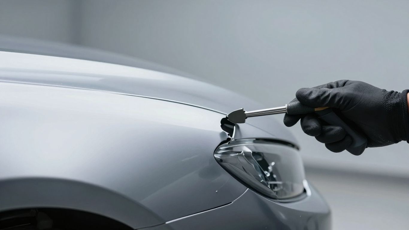 Kfz-Gutachter prüft Autoschaden mit Werkzeug.