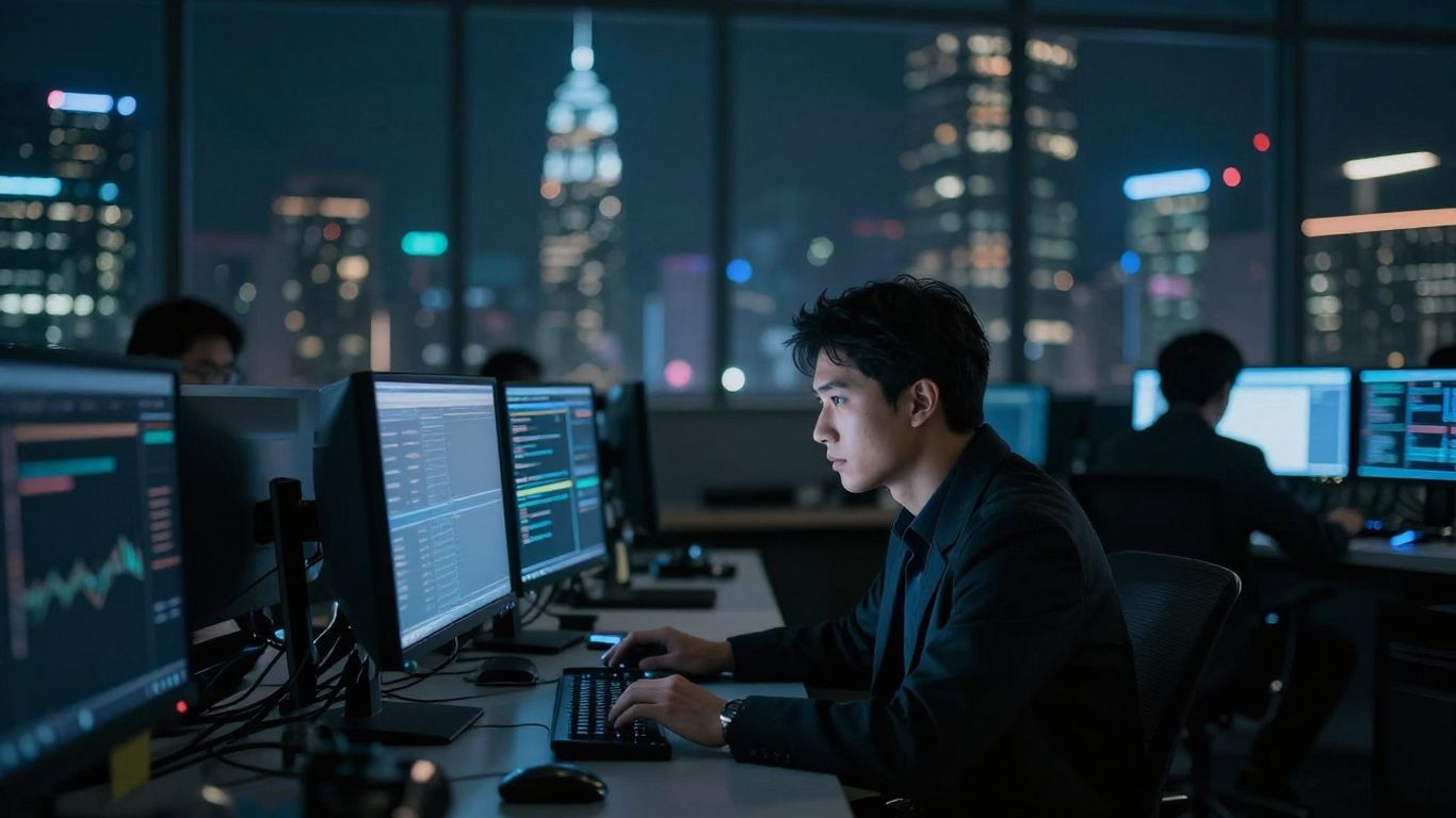 After hours trading floor with glowing screens.