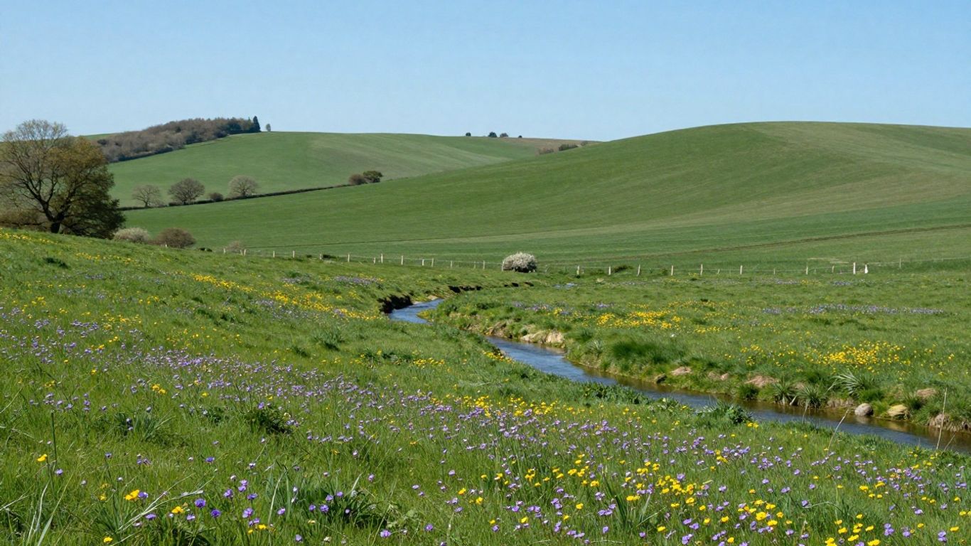 Vibrant spring meadow with wildflowers and rolling hills in Horsham.