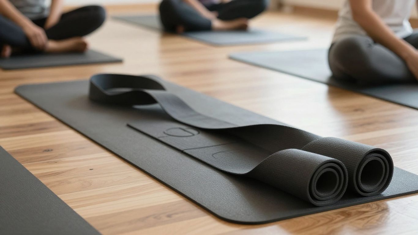 Yoga strap arranged beside a mat in a bright studio