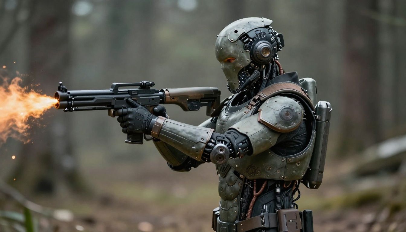 Personagem equipado com tecnologia cibernética avançada em combate