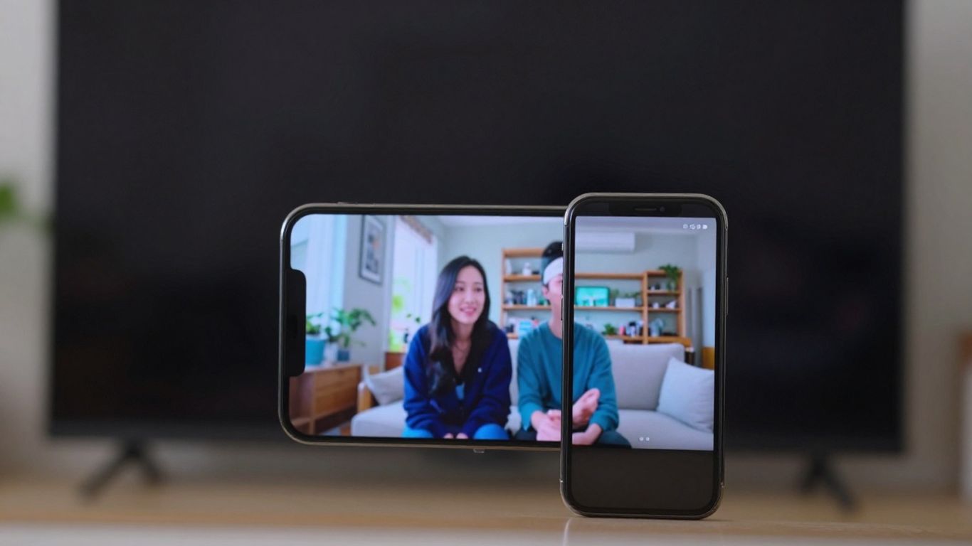Celular conectado à TV transmitindo vídeo.