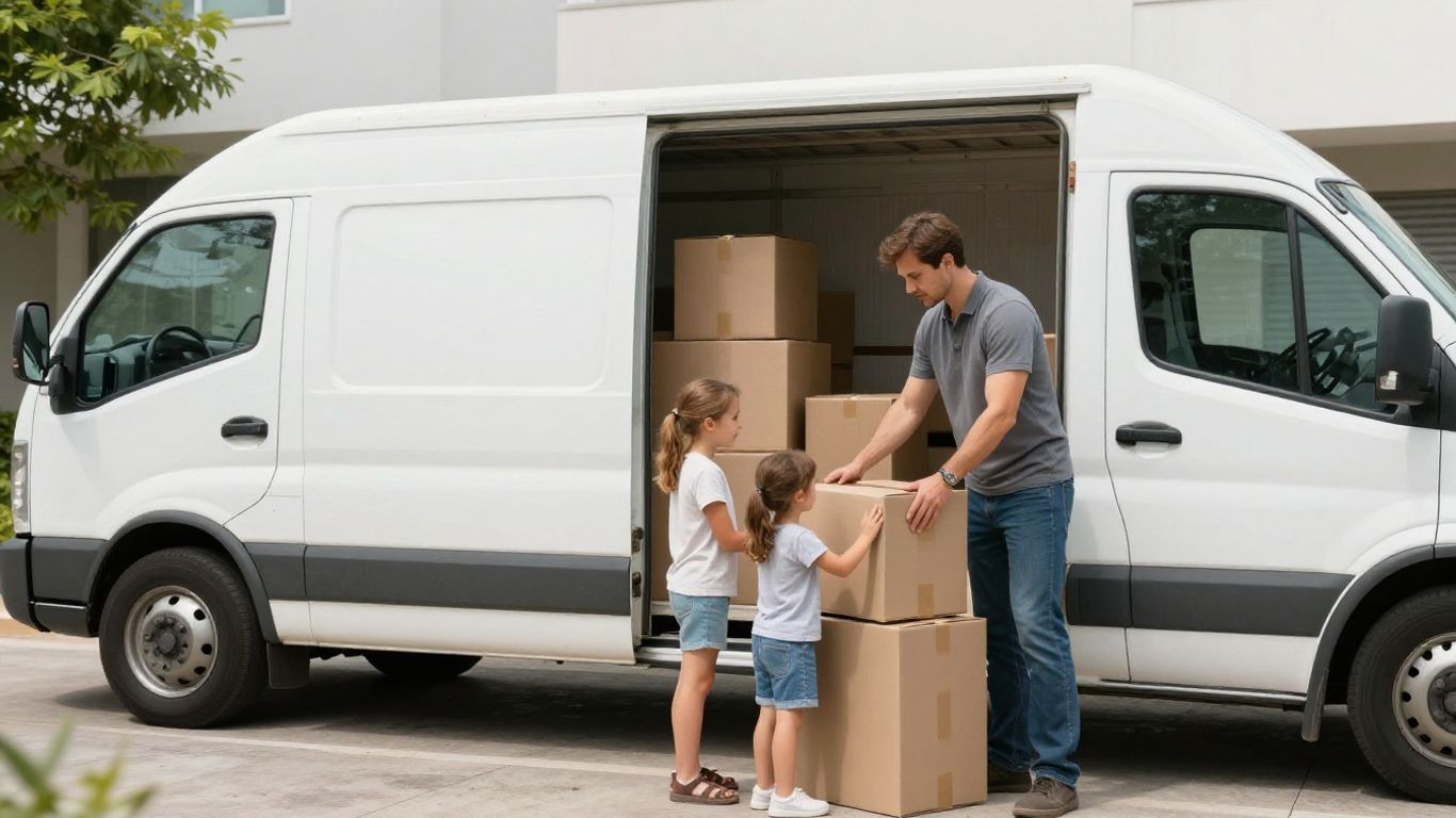 International moving truck and family packing for global relocation.