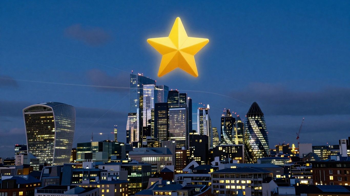 Google star rating above UK cityscape at dusk.
