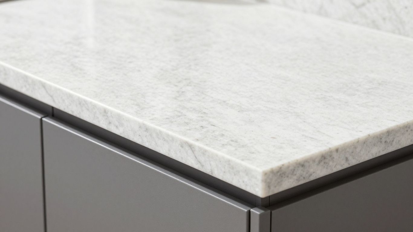 White granite kitchen worktop with natural veining.