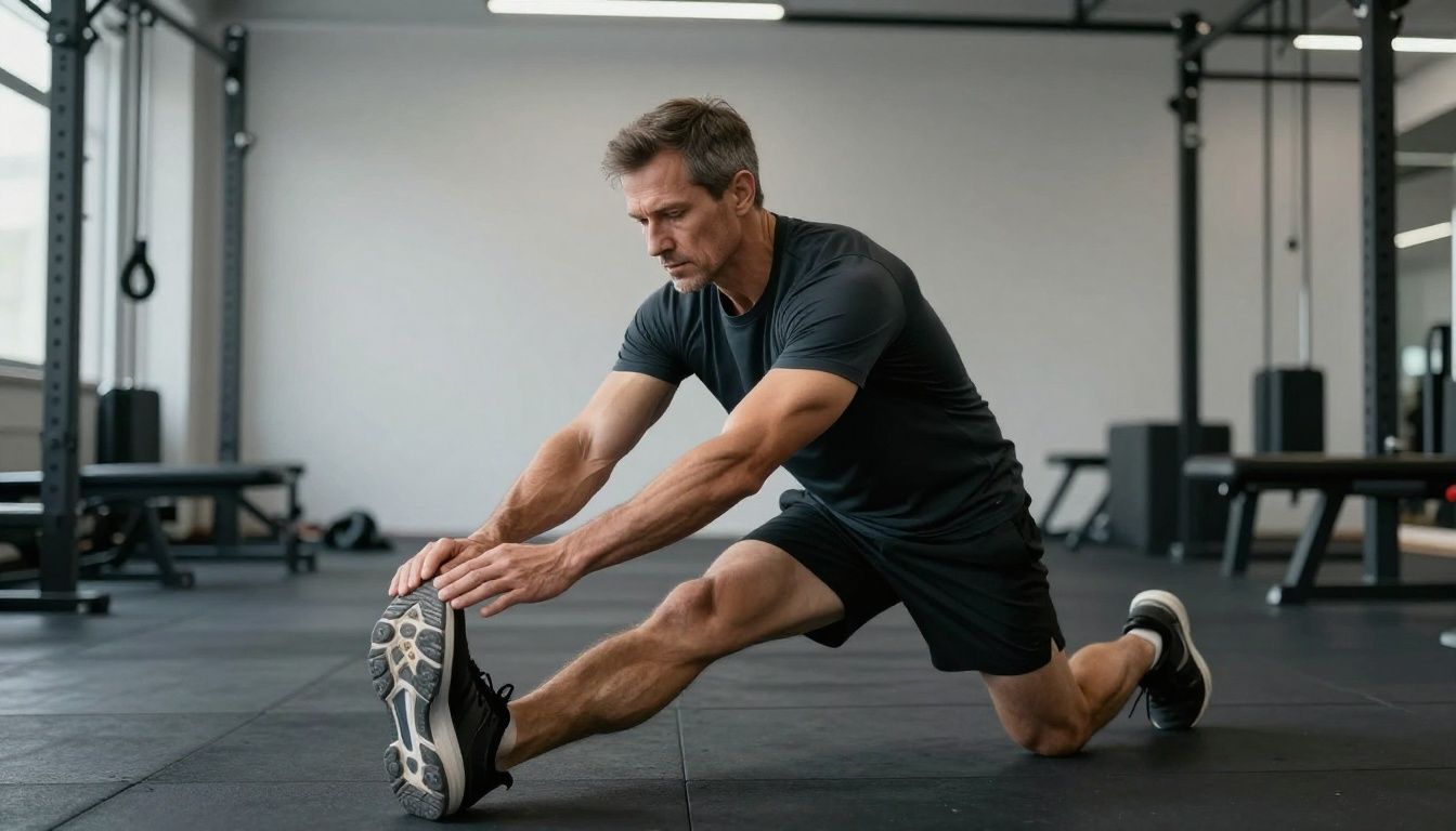 A focused man in his 40s stretching in a modern, minimalist gym after a workout, with a look of determination and well-being.