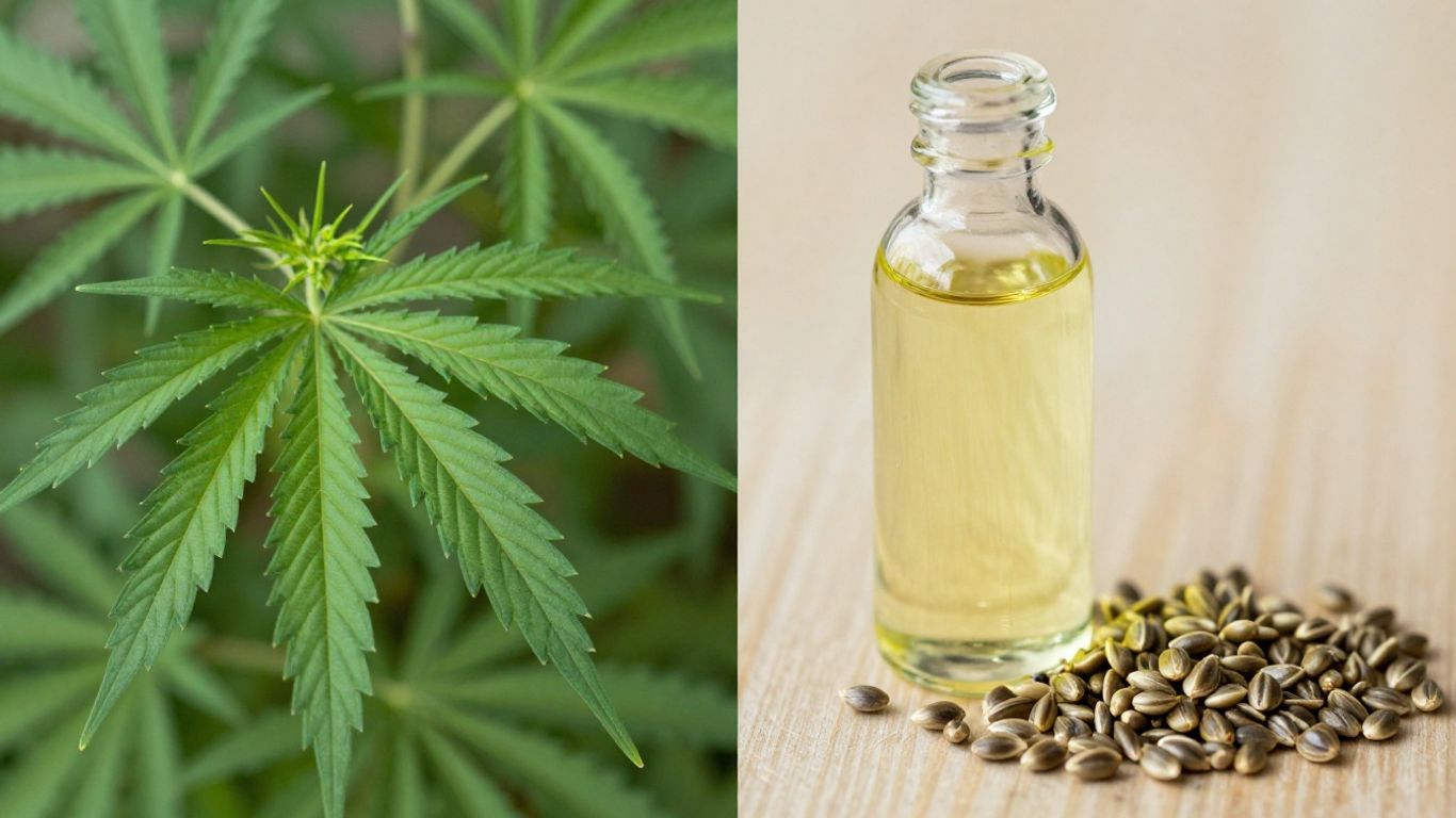CBD leaf and hemp seeds with oil bottle.
