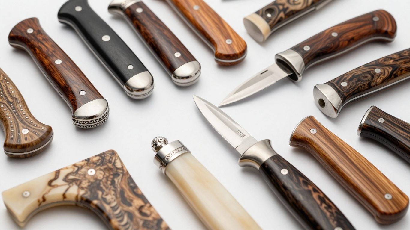 Close-up of various luxury knife handle materials.
