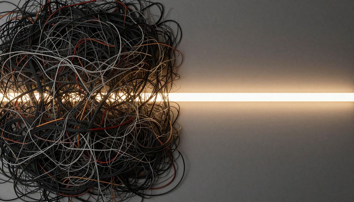 A split-view image showing a chaotic, tangled mess of wires on one side, and a single, straight, illuminated line on the other, symbolizing the shift from a derailed day to clear focus.