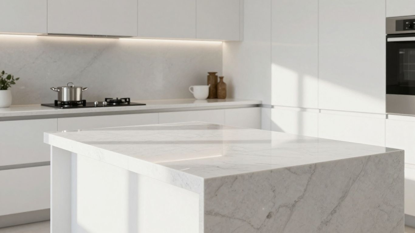 Elegant white quartz worktops in a modern kitchen.