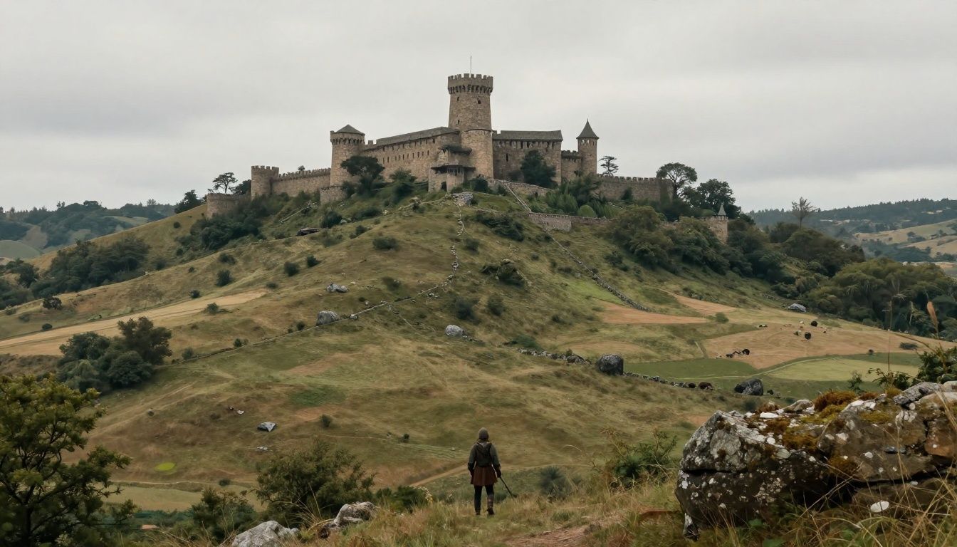 Um aventureiro solitário enfrentando uma vasta paisagem de fantasia medieval com castelos distantes sobre colinas