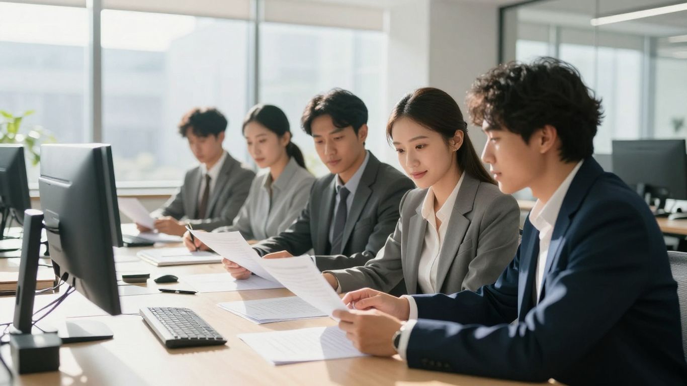 Personas trabajando en documentos de visa H1B.