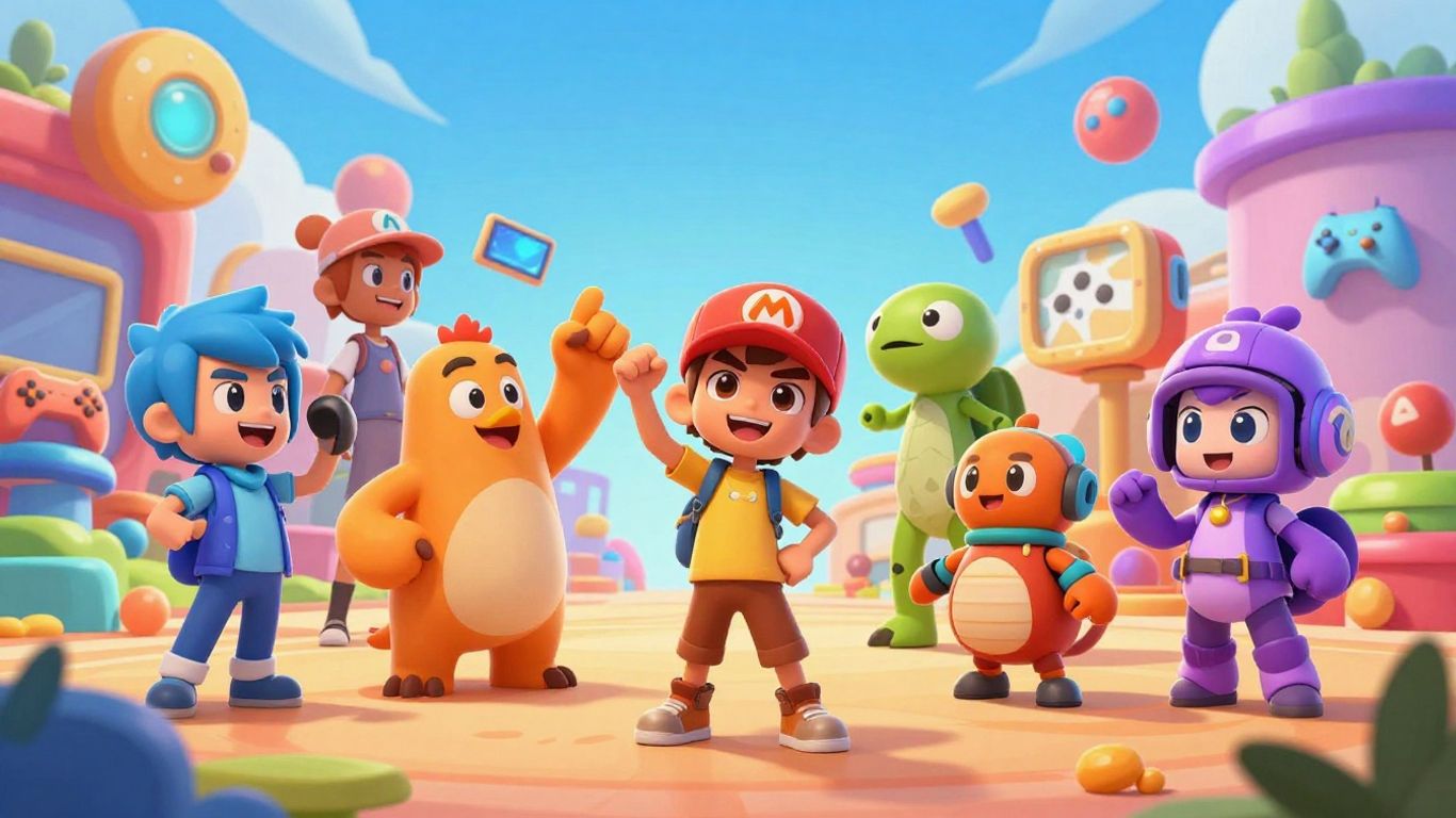 Diverse game characters playing together on multiple devices.