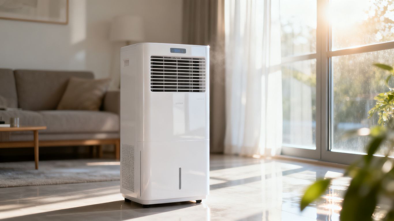 A modern dehumidifier operating in a room