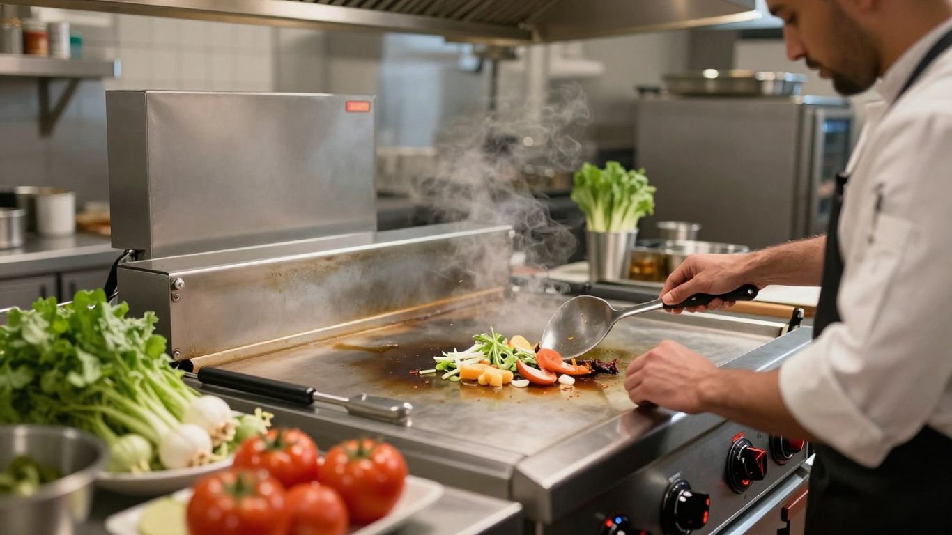 Chef adjusting electric griddle controls in UK kitchen.
