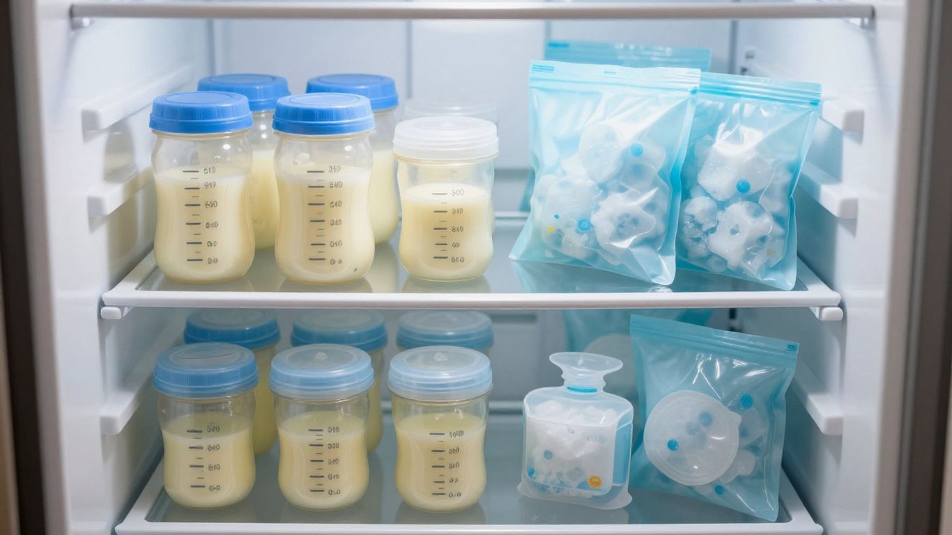 Recipientes limpios con leche materna etiquetada