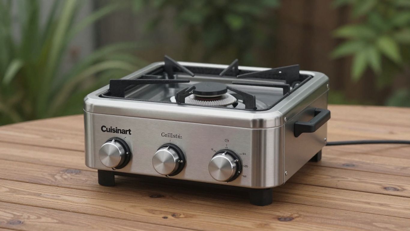 Cuisinart Grillster outdoor gas burner on a wooden deck.