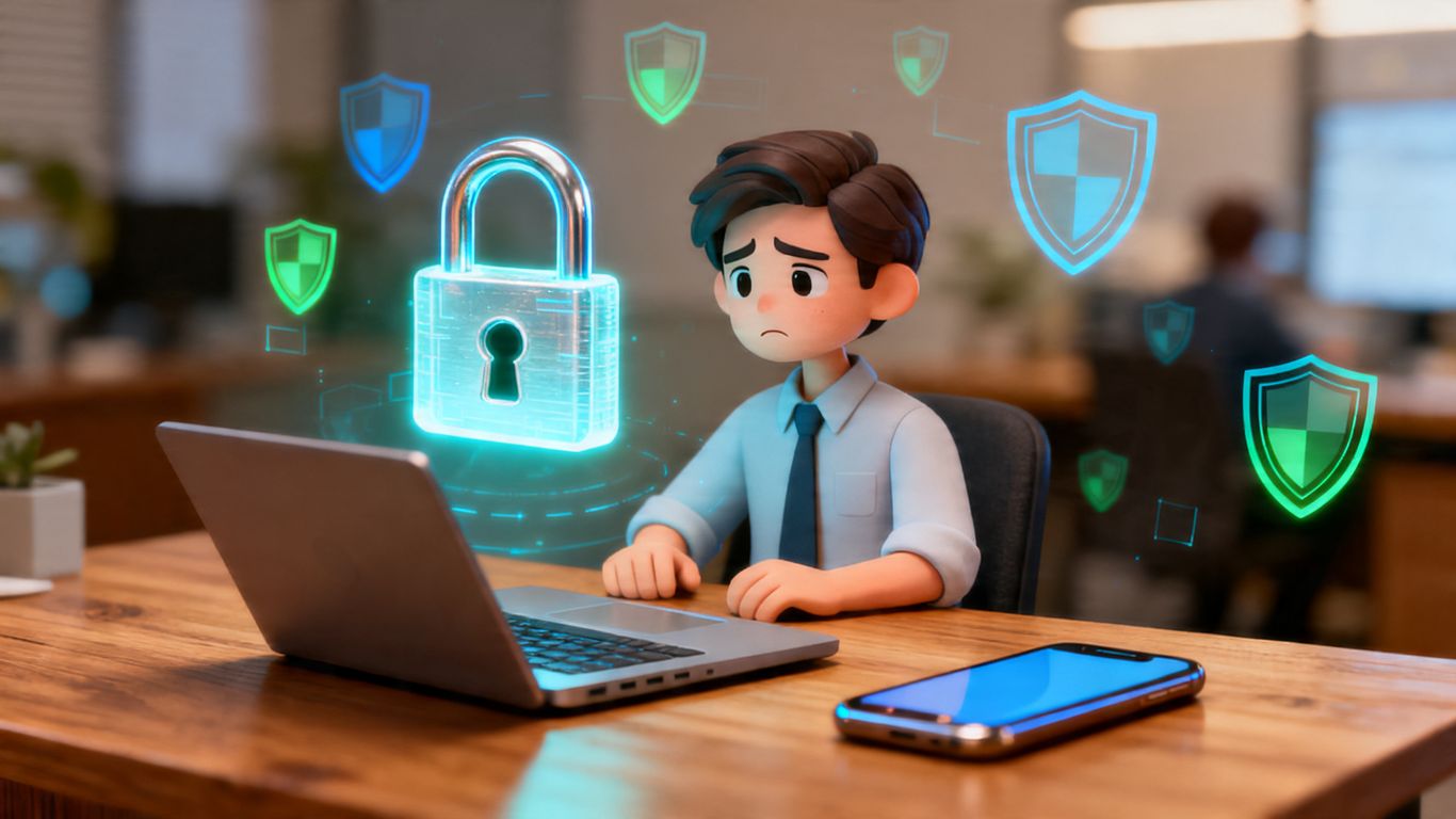 Small business owner protected by digital security shields.