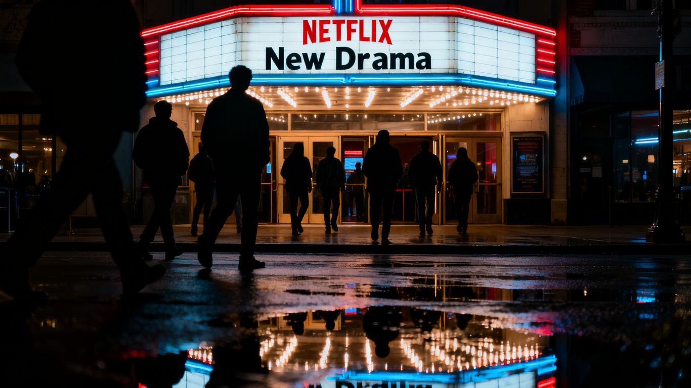 Cinema marquee lights up for a new Netflix drama release.
