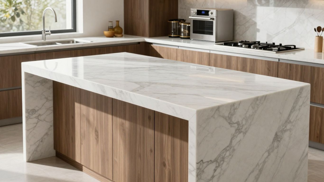 Elegant kitchen with white marble countertops and island.