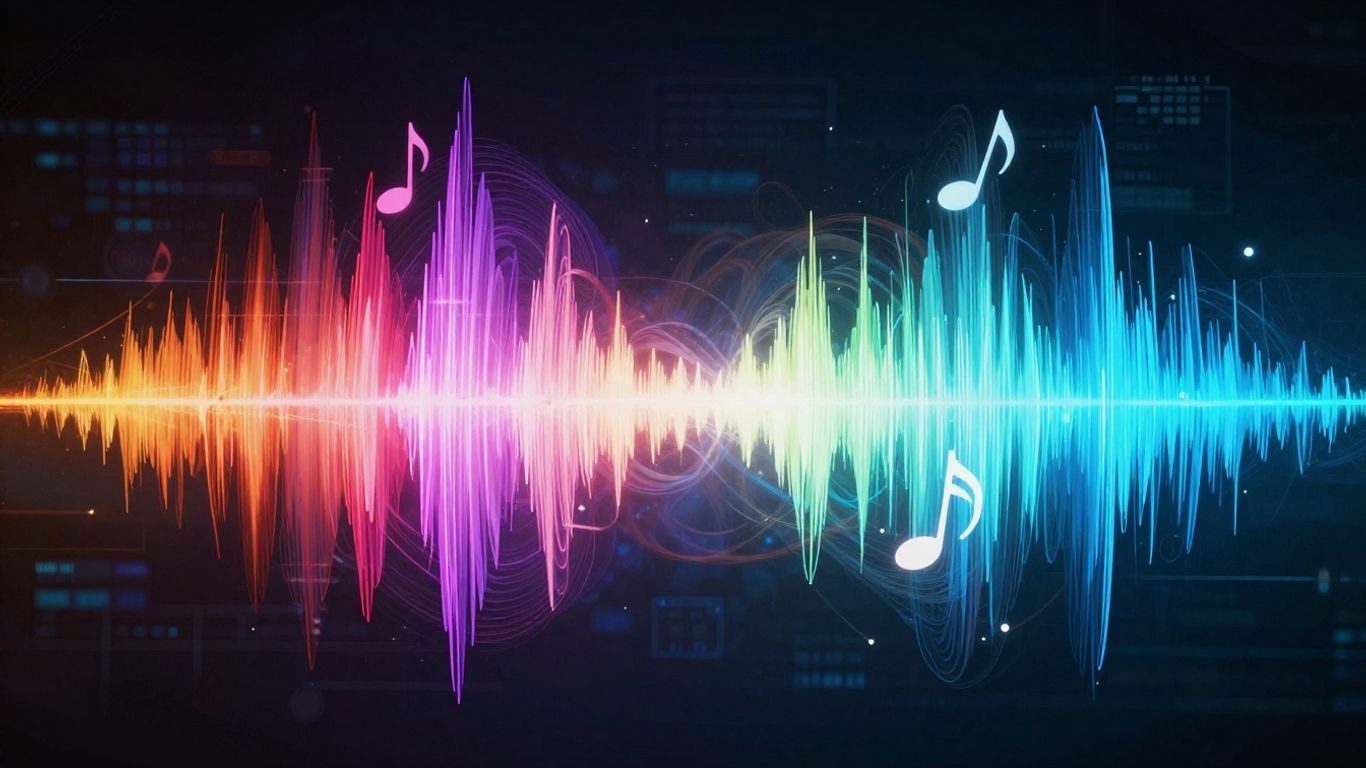 Sound waves and musical notes from a digital interface.