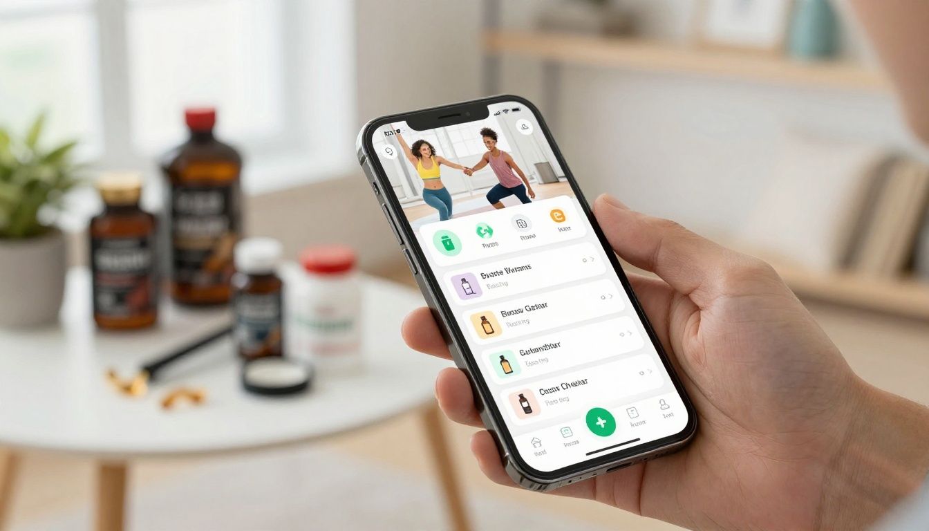 Modern, diverse adults tracking supplement and peptide protocols on a health app with organized routines and fitness gear in a bright, energetic home setting.