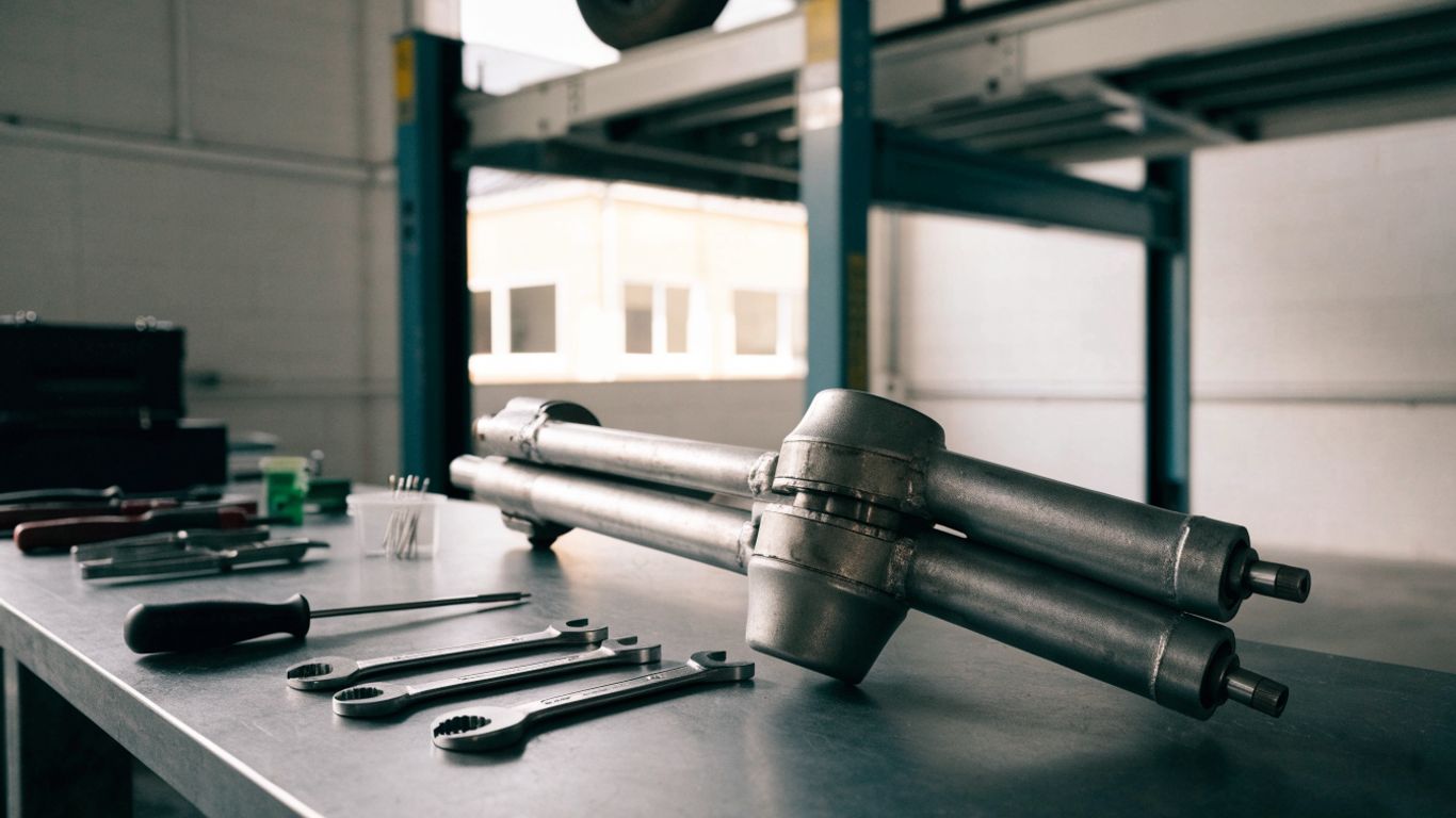 Steering rack beside tools in a repair workshop