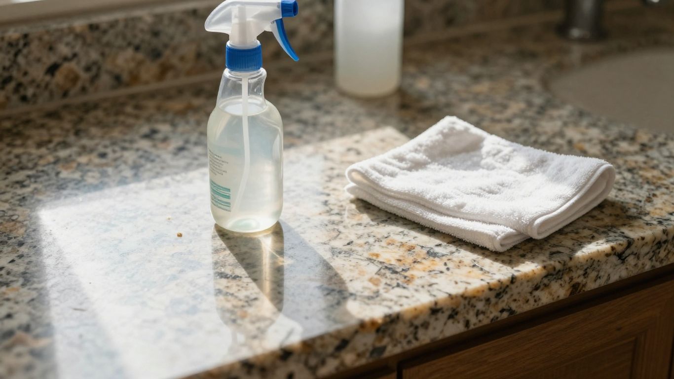 Polished granite countertop with cleaning supplies.