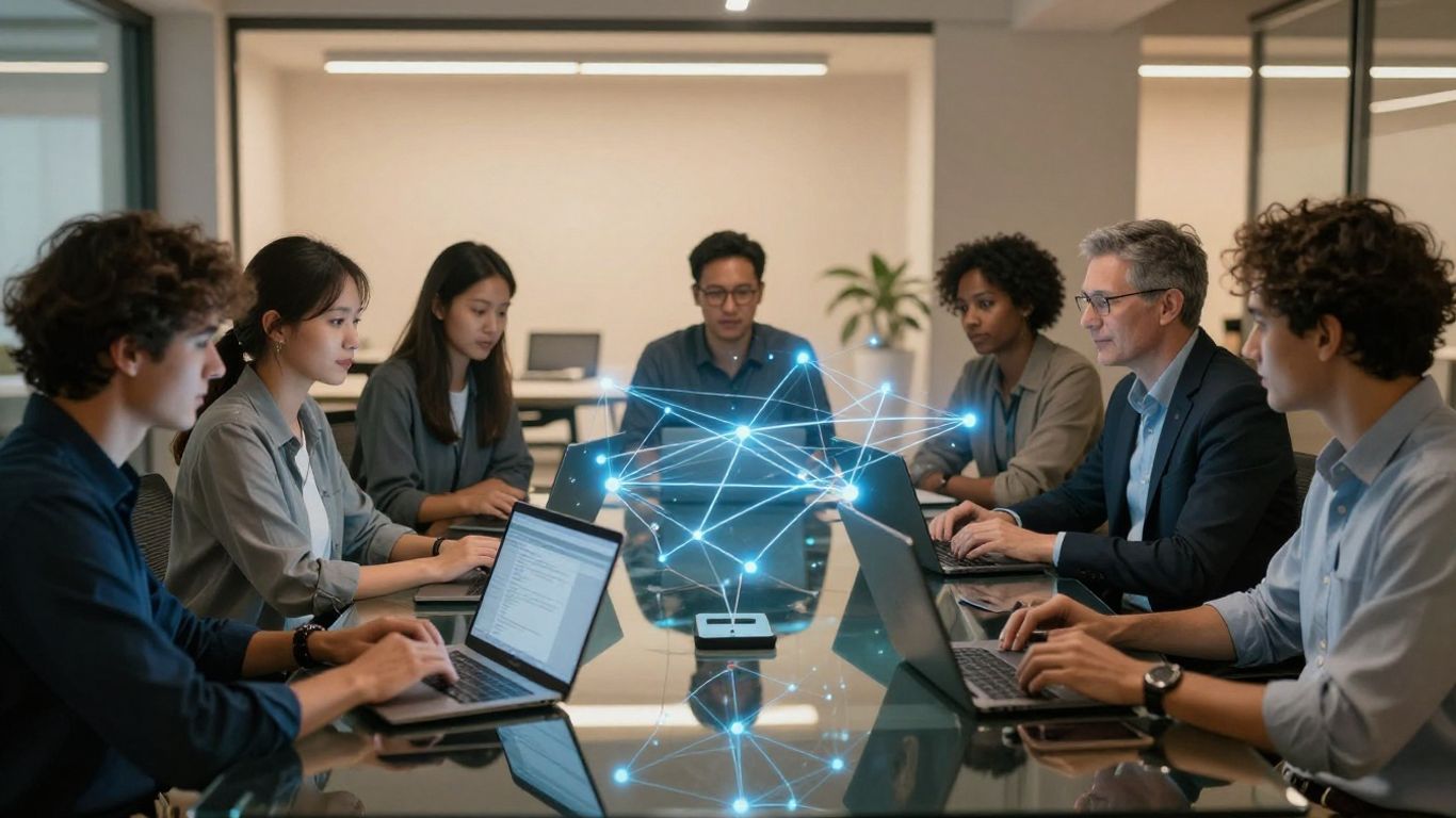 Équipe observant des flux numériques interconnectés