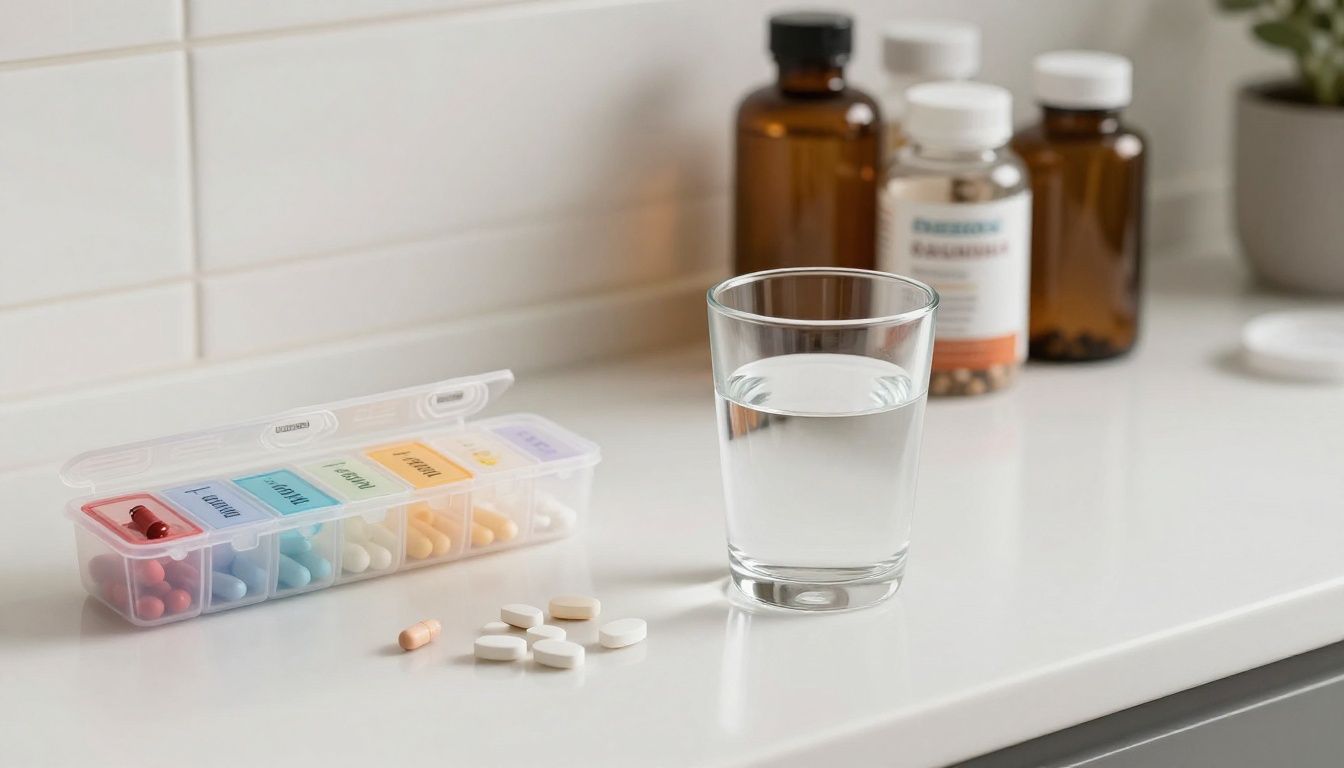 A clean, organized countertop with a weekly pill organizer neatly filled, a glass of water, and a few stylish supplement bottles in the background, bathed in soft morning light.