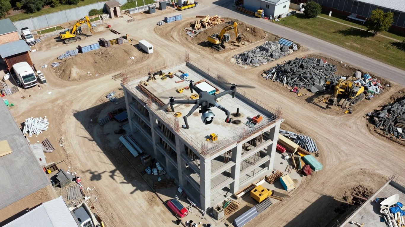 Drone monitoring a construction site from above.