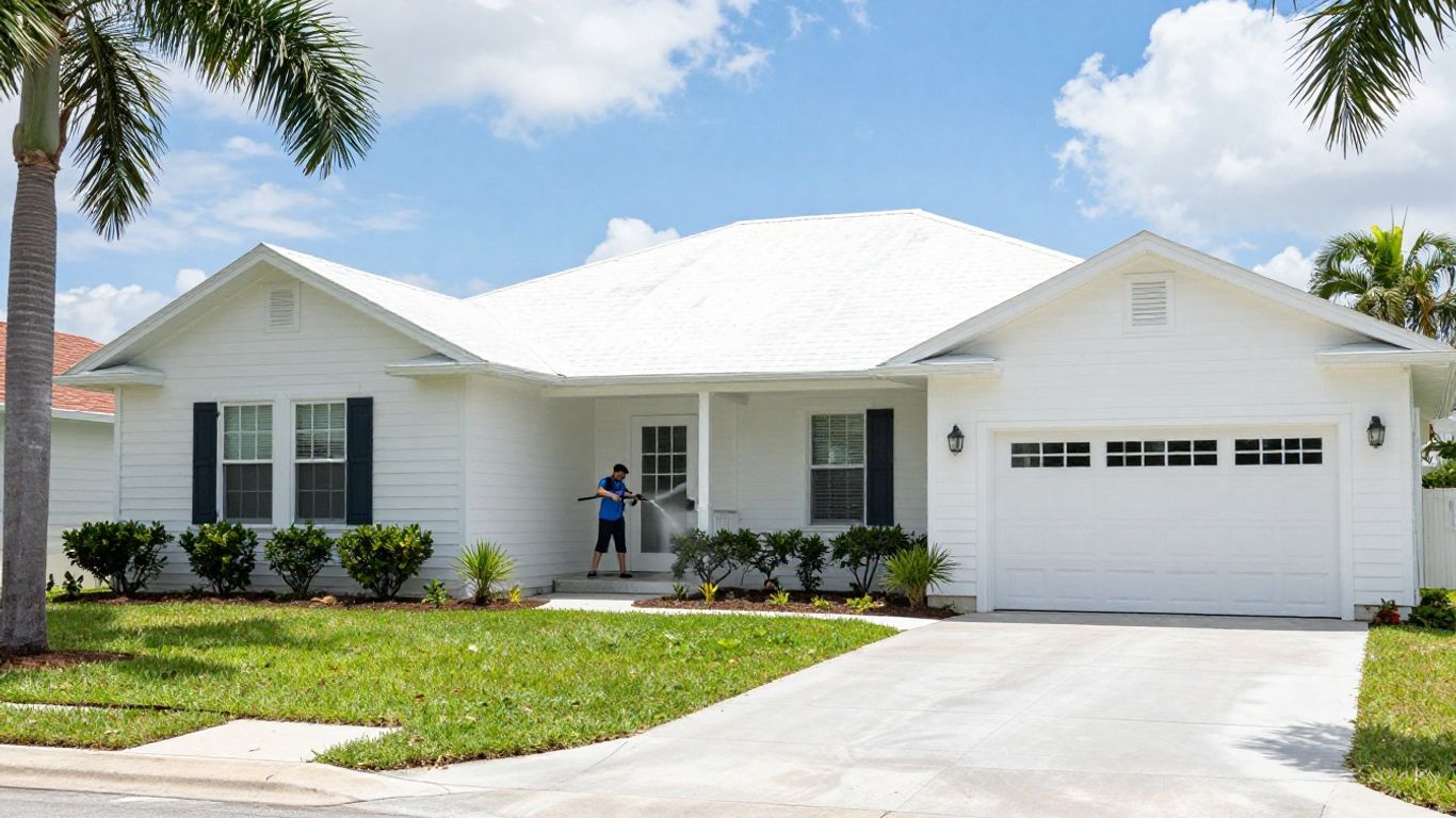 Clean house exterior with sparkling siding and driveway.