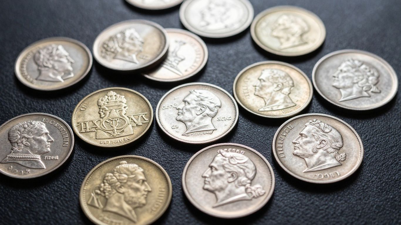 Rare test piece coins with intricate designs and metallic sheens.