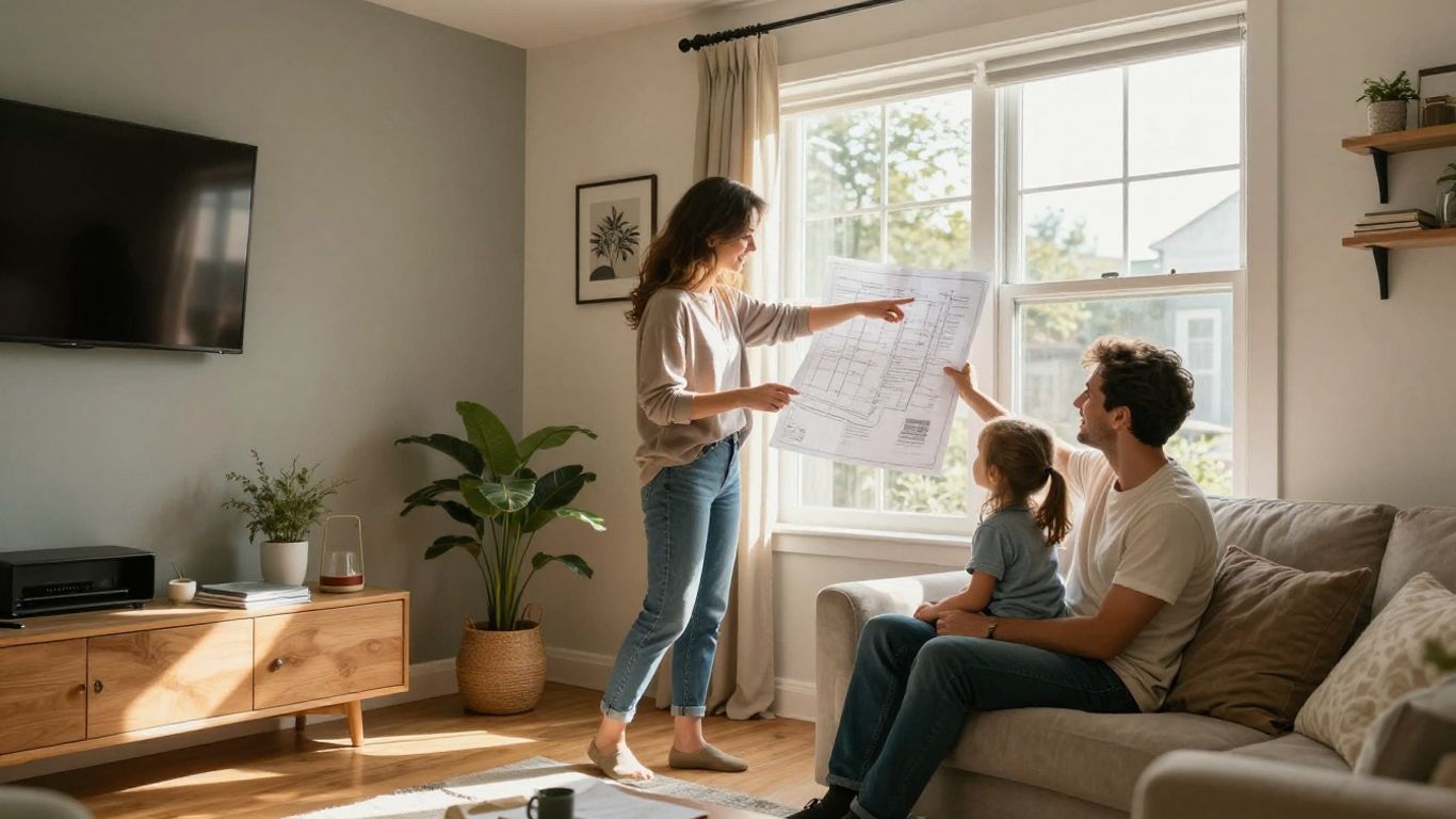 Family planning home renovations in a bright, sunny living room.