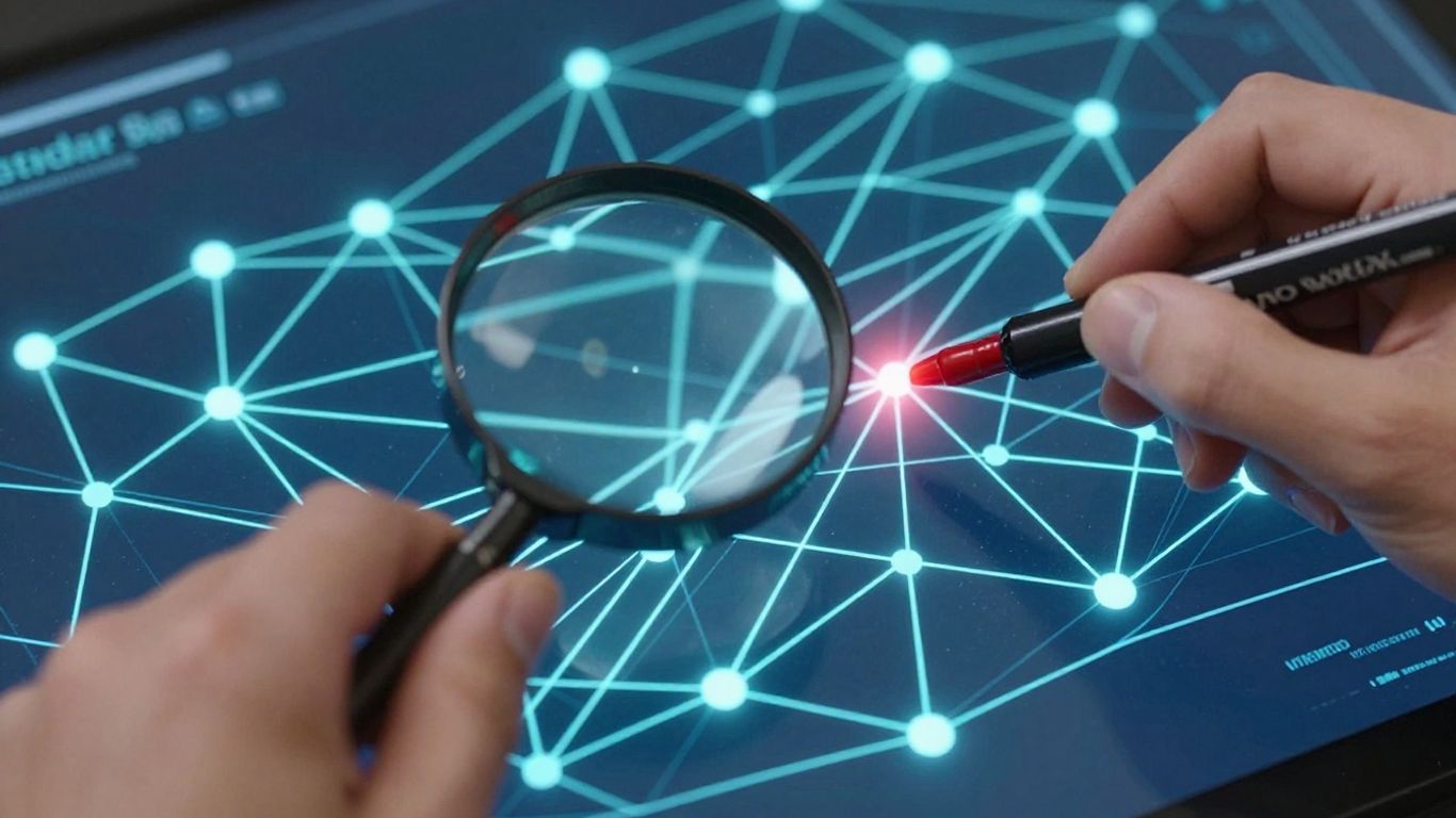 Magnifying glass over network, hand prioritising a fix.