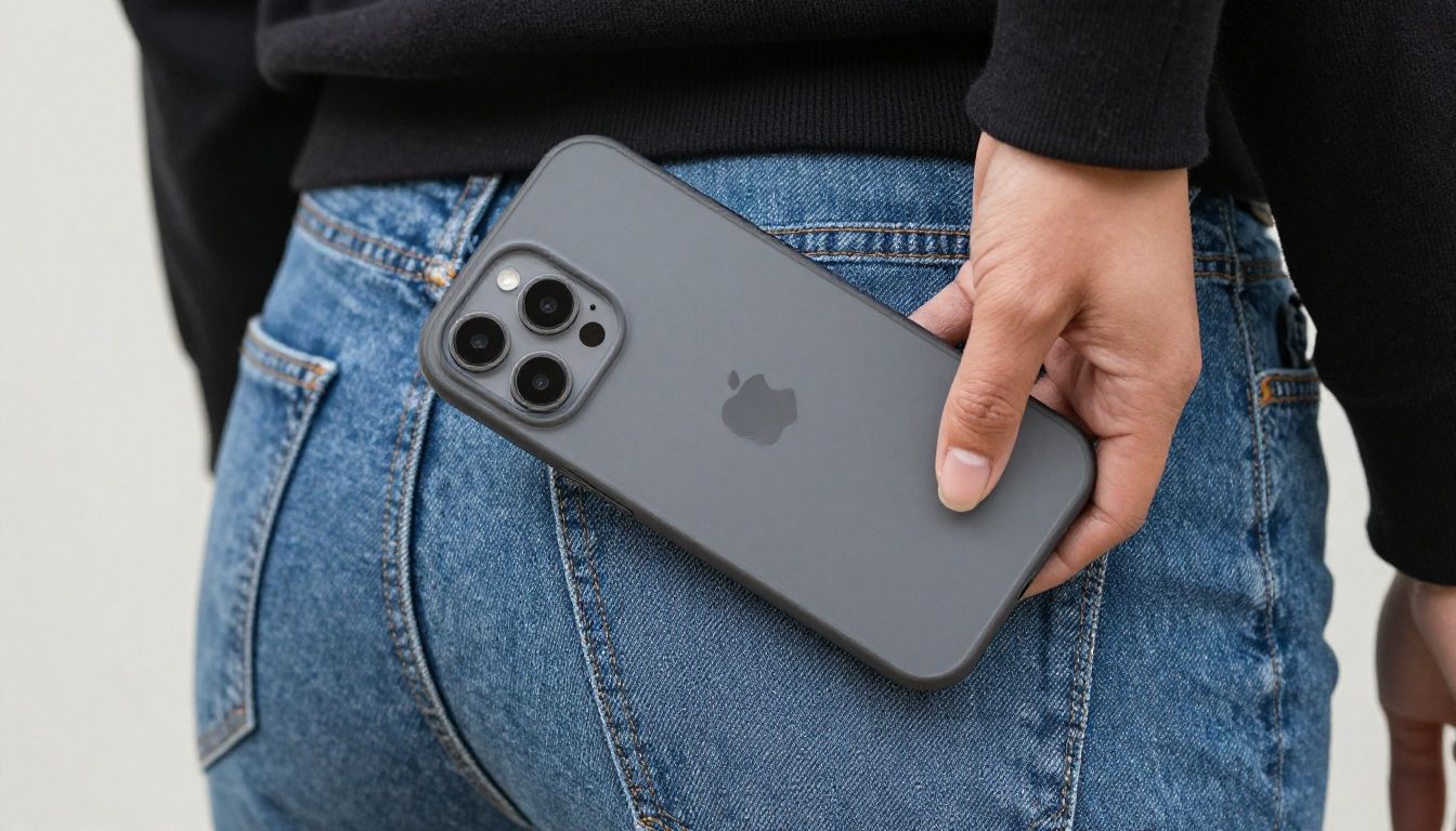 Someone slipping their iPhone 17 Air with a minimalist wallet case into the back pocket of their jeans before heading out.
