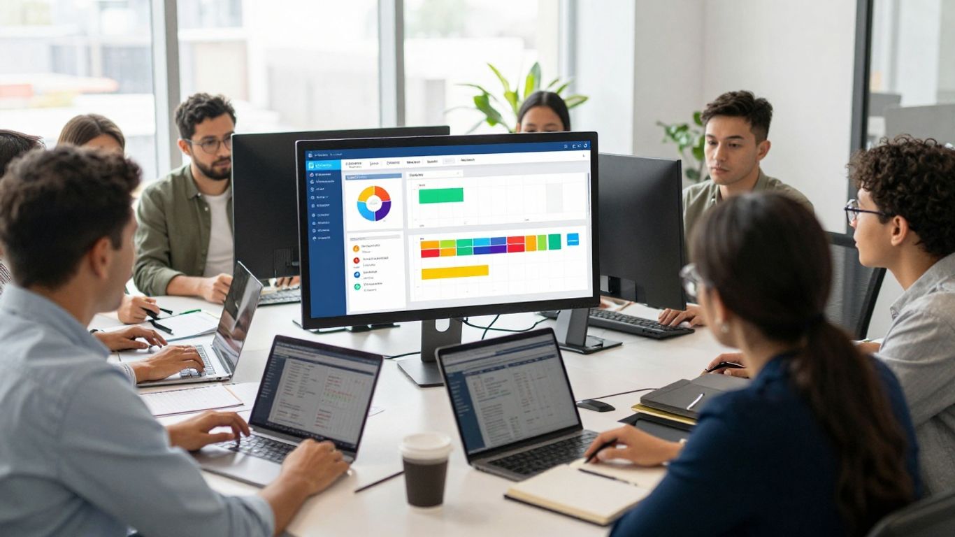 Tableau de bord marketing observé par une équipe