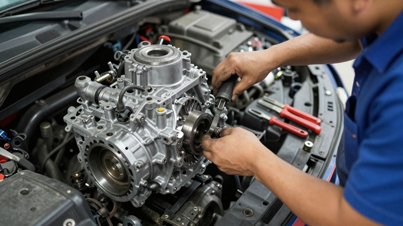 Used Chrysler transmission being inspected by a mechanic.