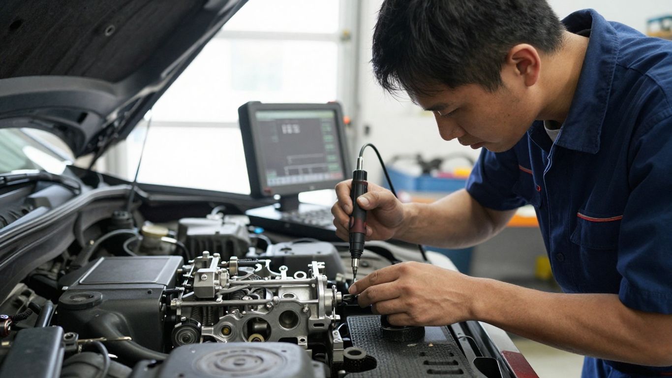 A technician inspecting detailed mechanical parts