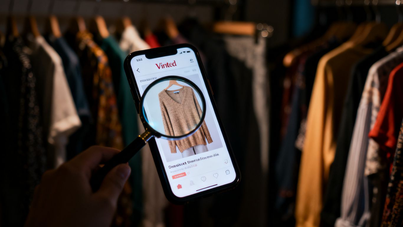 Vinted listing with a magnifying glass over a suspicious item.