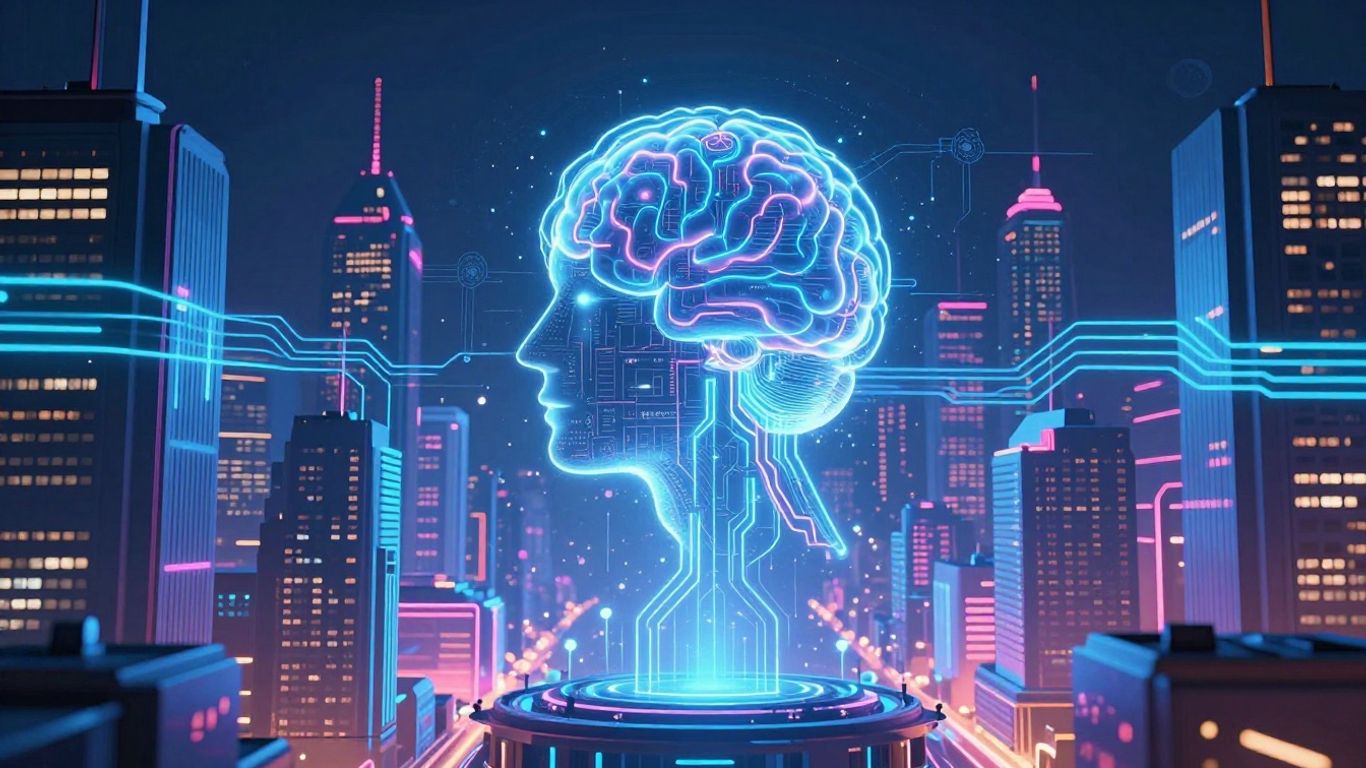 Futuristic cityscape with AI brain and glowing circuits.