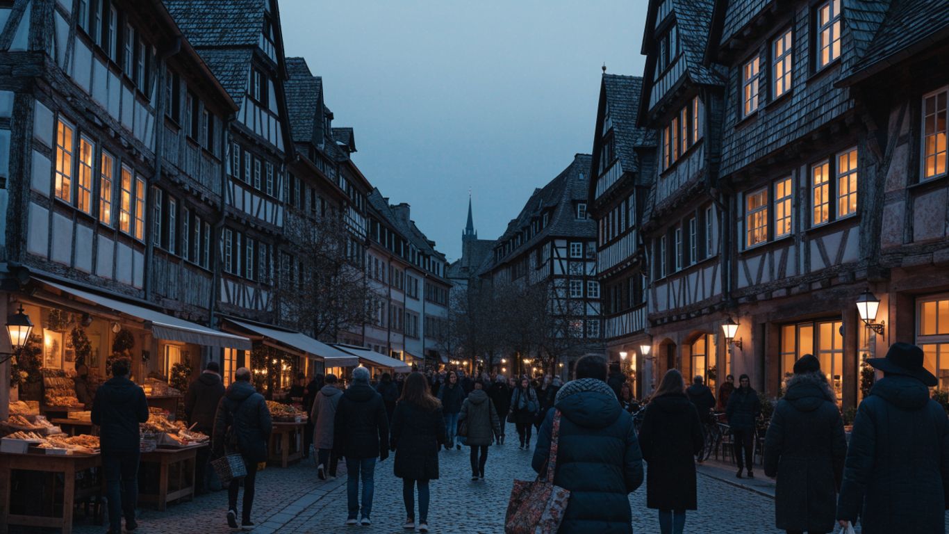 Strasbourg market streets and historic rooftops at dusk