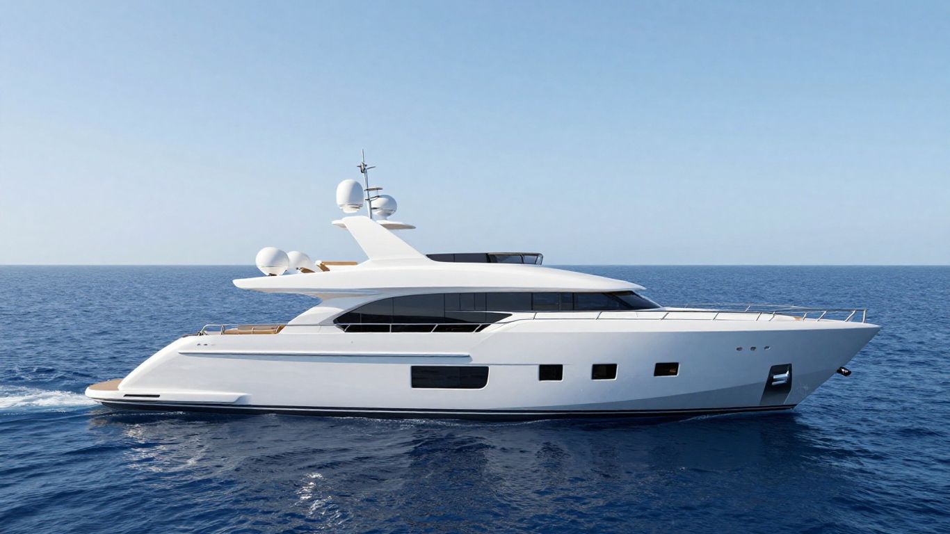 Futuristic superyacht sailing on a clear blue ocean.