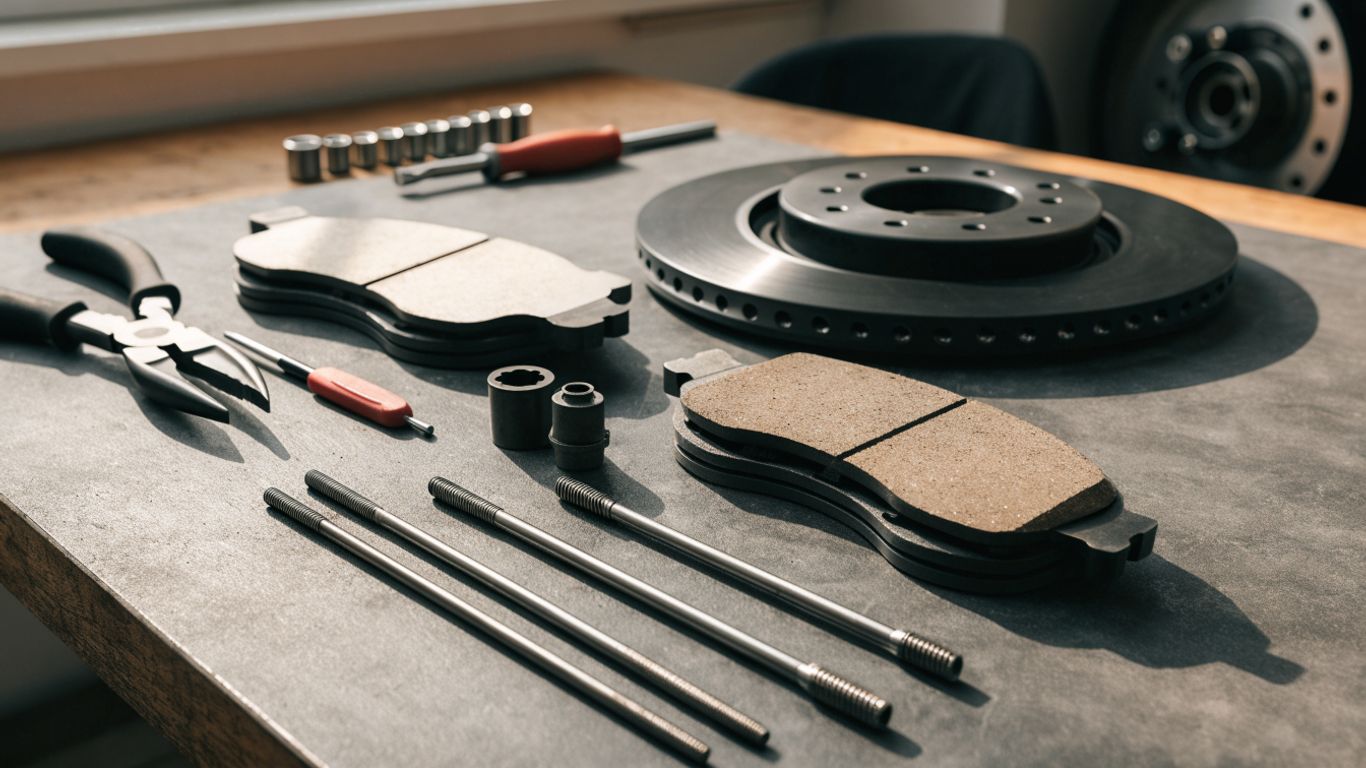 Brake pads and rotors beside a clean tool set