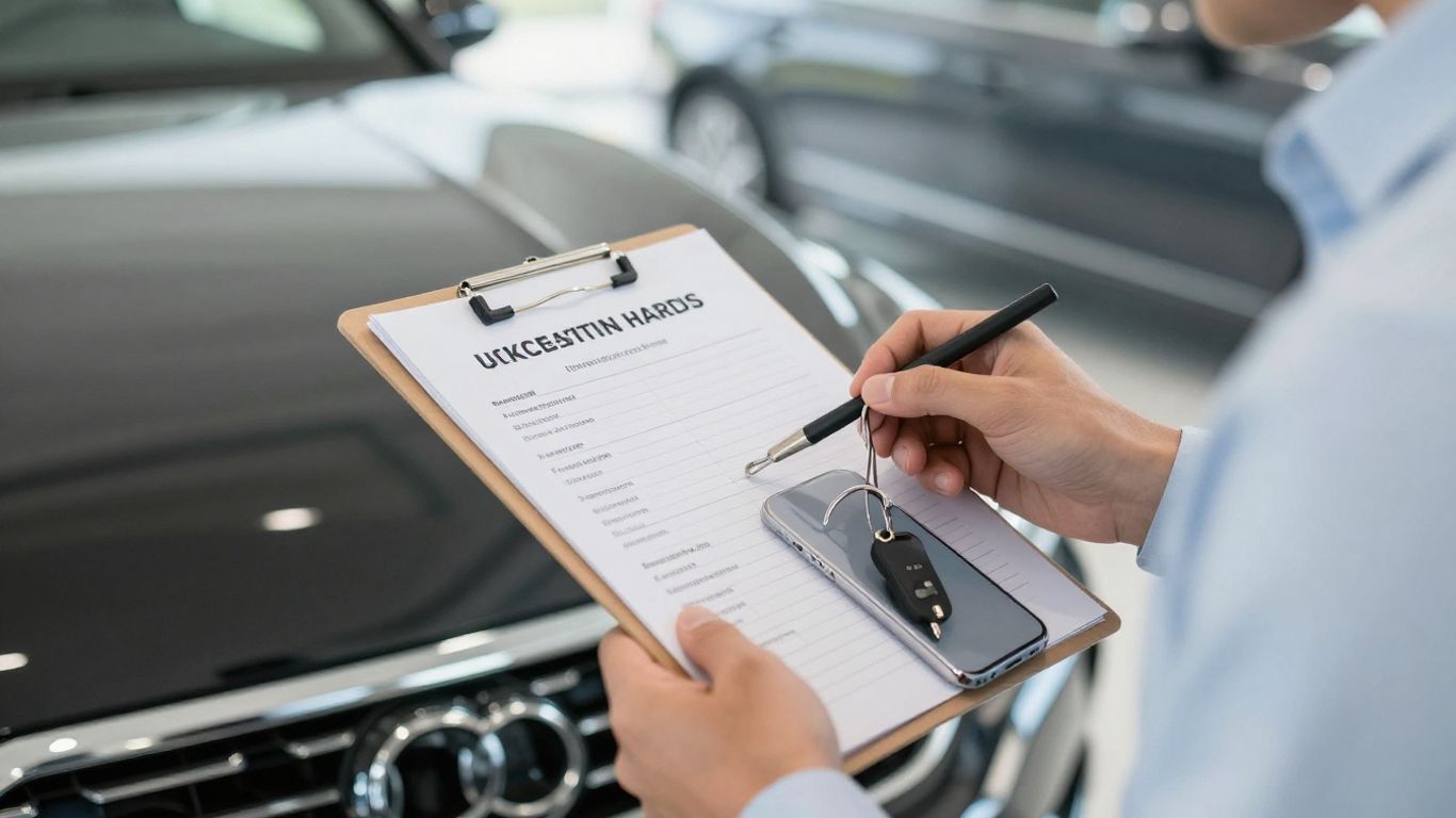 Person prüft Kündigungsschreiben und Fahrzeugunterlagen