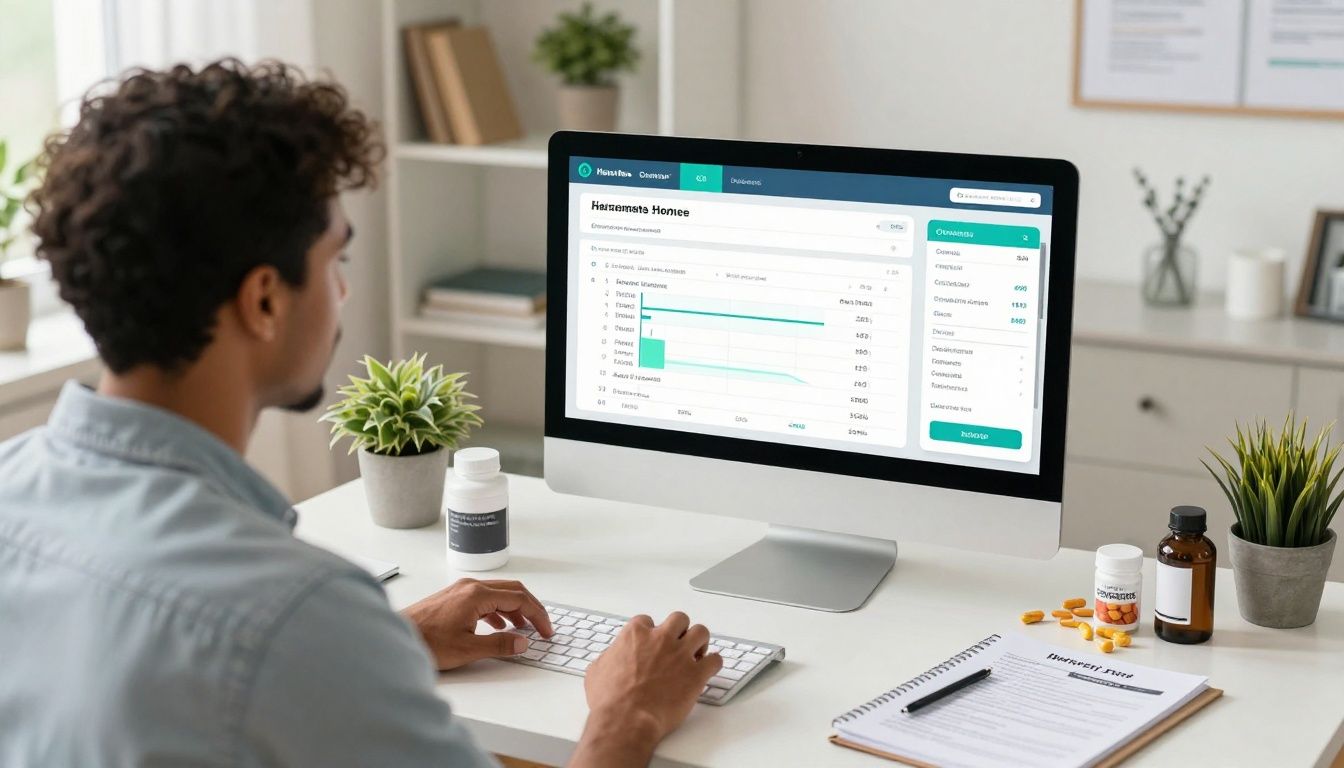 Bright realistic modern health-tech scene showing a diverse American man reviewing hormone lab trends and a treatment-tracking app beside organized supplements, fitness gear, and recovery notes in a clean contemporary home office; natural daylight, professional but approachable, no text or logos.