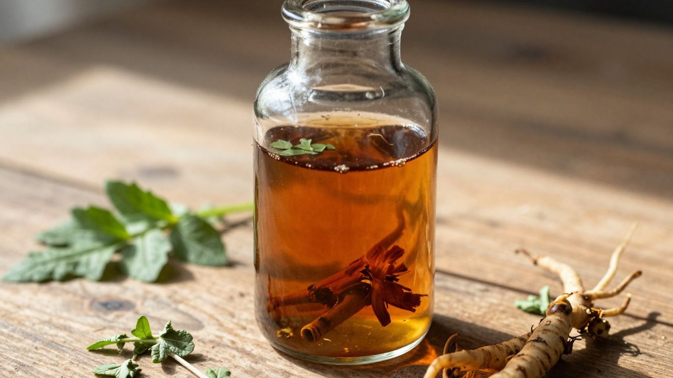 Herbal bitters bottle with fresh herbs on a wooden surface.