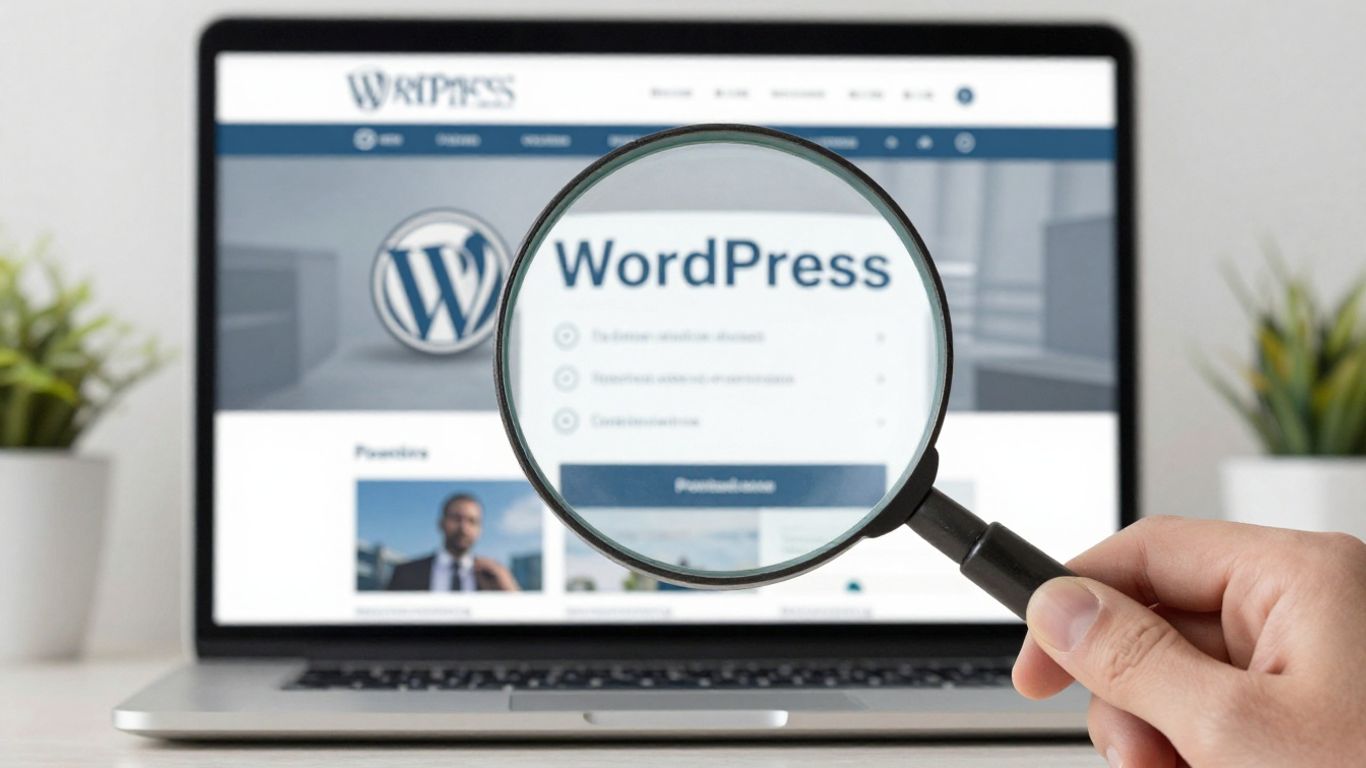 WordPress website with SEO growth elements and magnifying glass.