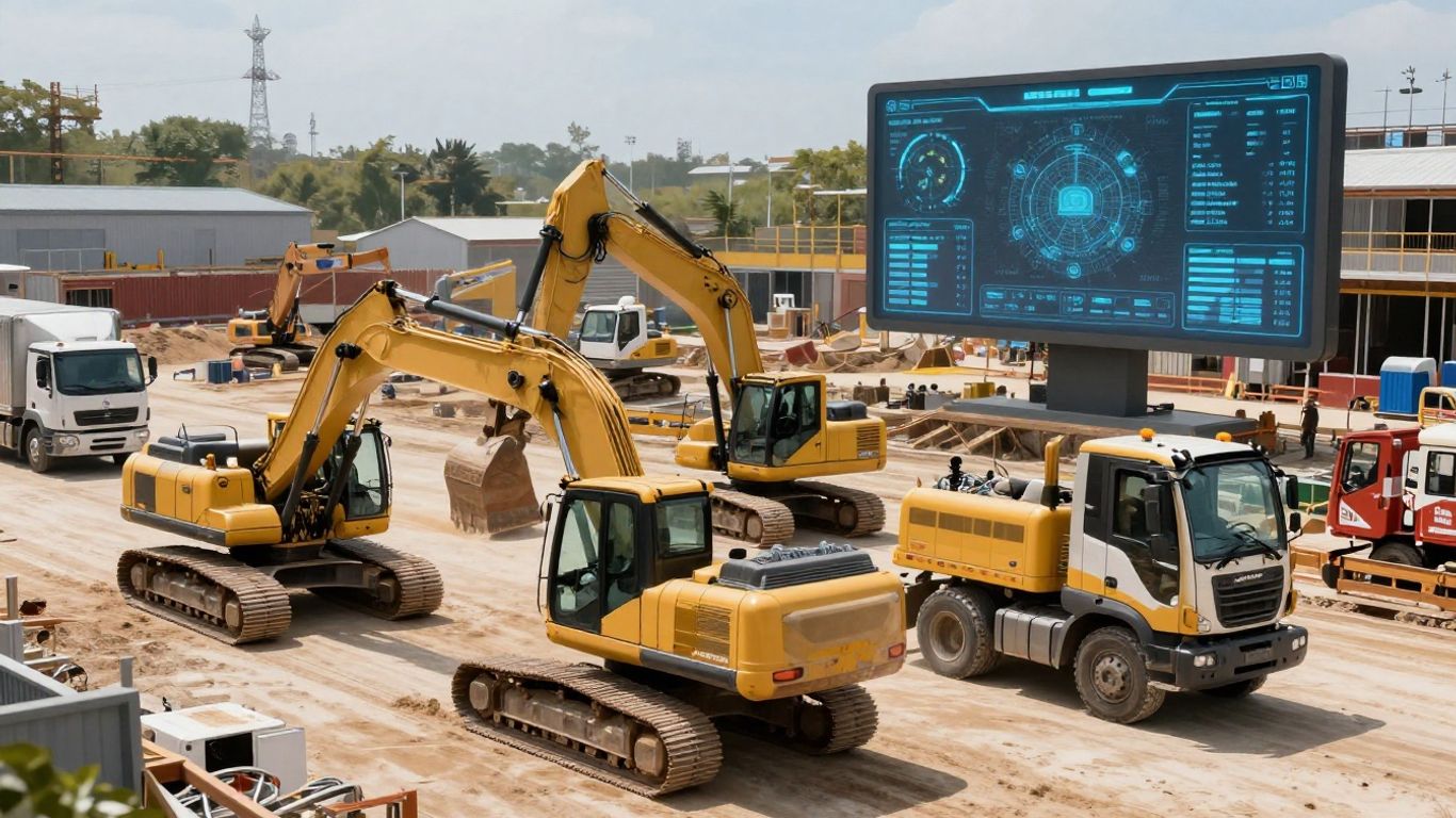 Construction fleet management software interface on a digital screen.