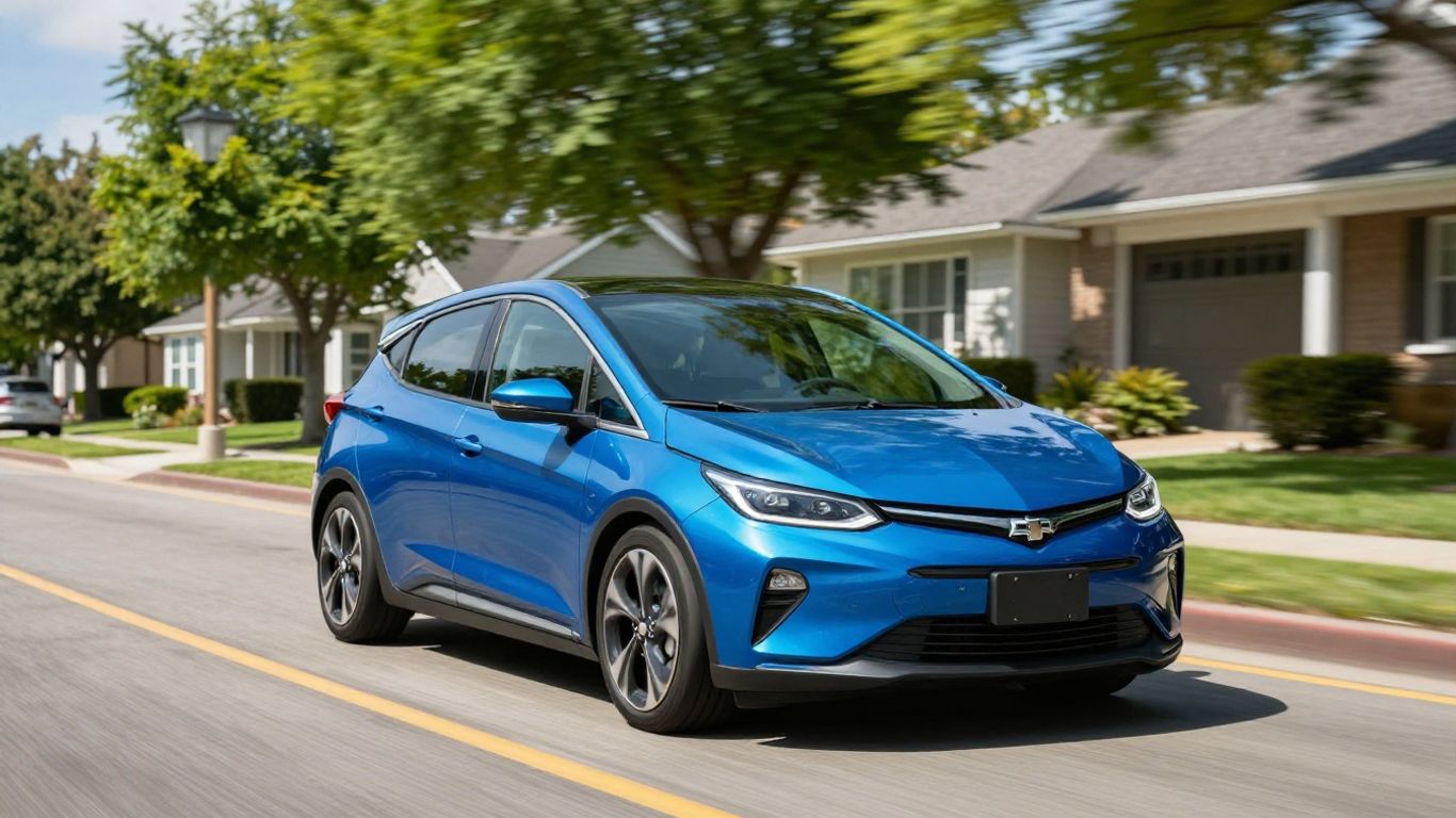 Chevrolet Bolt EV driving on a sunny suburban street.